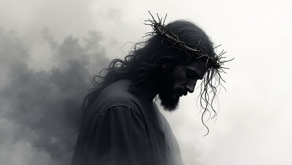 Sad Jesus Christ with crown of thorns on his head, Resurrection with copy space.