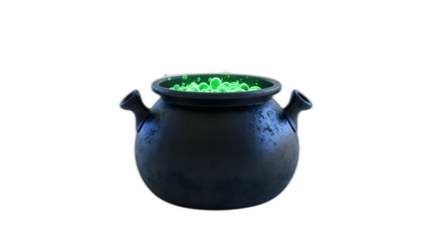 A witches cauldron with glowing green bubbles isolated on a plain white background