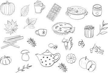 Vector collection with autumn icon. Fall clipart set with leaves, pumpkin, fruits and mushrooms. Autumn gifts.