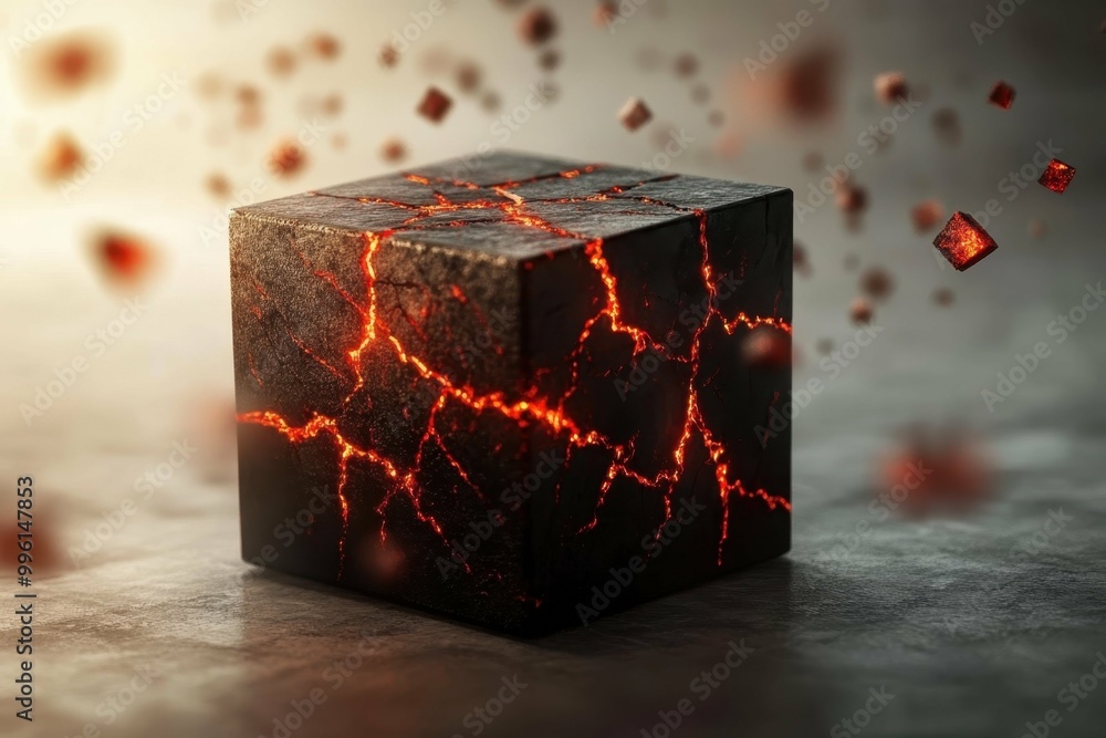 Poster hot magma glow. lava cube glowing with fiery cracks floating in smoky background for volcanic concep