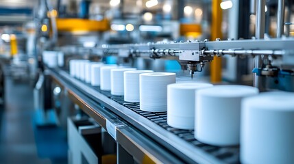 Fototapeta premium A modern manufacturing line showcasing cylindrical products moving along a conveyor belt in an industrial setting.