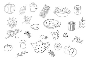 Vector collection with autumn icon. Fall clipart set with leaves, pumpkin, fruits and mushrooms. Autumn gifts.