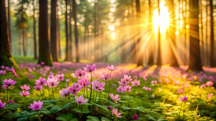Obraz premium Pink flowers blooming in the gentle light of sunrise in a peaceful forest setting, pink, flowers, sunrise, forest, nature