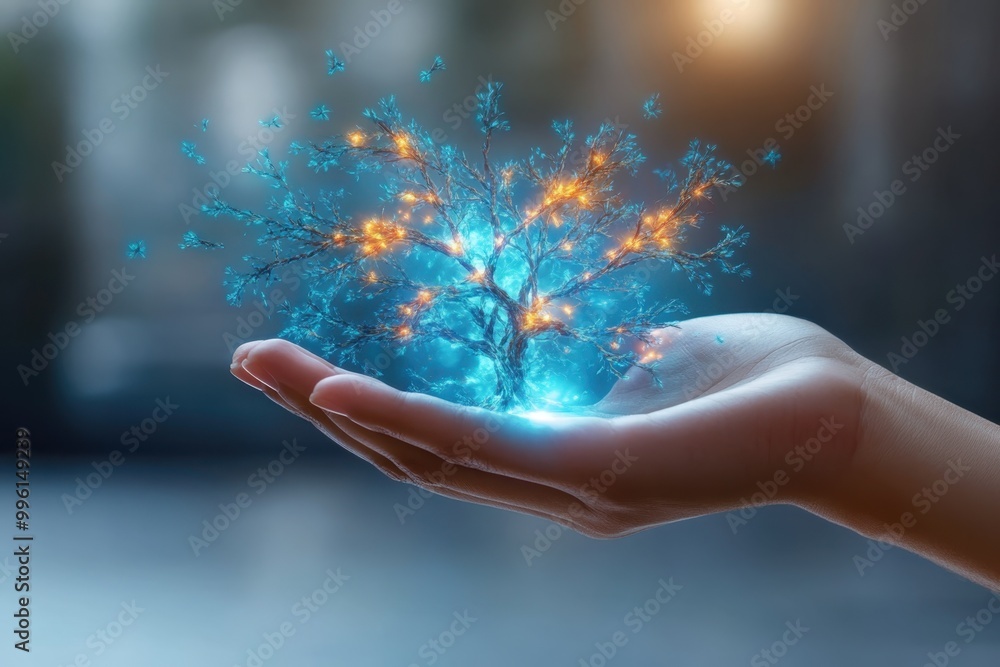 Poster light projector display. futuristic glowing tree hologram floating above open hand, digital innovati