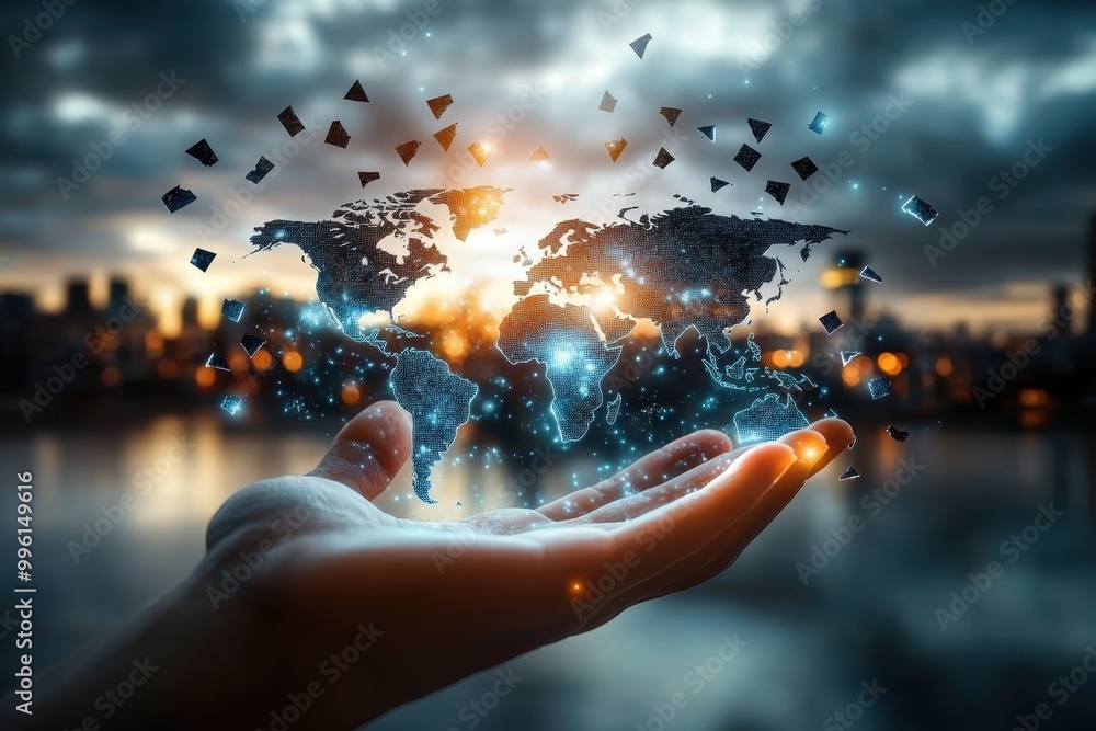 Poster smart home devices. futuristic digital globe in hand with flying data particles and glowing network 