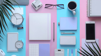 Colorful flat lay of modern office supplies and gadgets showcasing technology tools for productivity and creativity in a vibrant, organized workspace environment

