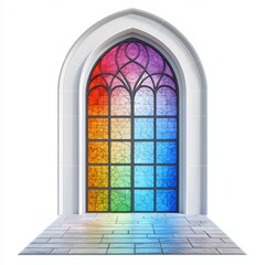 A beautifully detailed stained glass window, casting colorful reflections onto a stone floor isolated on white background.