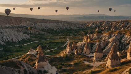 Cappadocia’s surreal landscape seen from above with hot air balloons drifting by