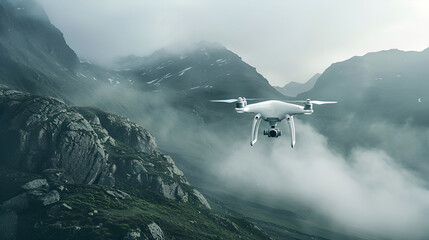 Drone flying through misty clouds in a futuristic setting, showcasing advanced aerial technology and remote-controlled innovation for modern surveillance and exploration

