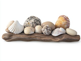 Obraz premium A collection of seashells and smooth stones arranged on a driftwood table near the beach isolated on white background.