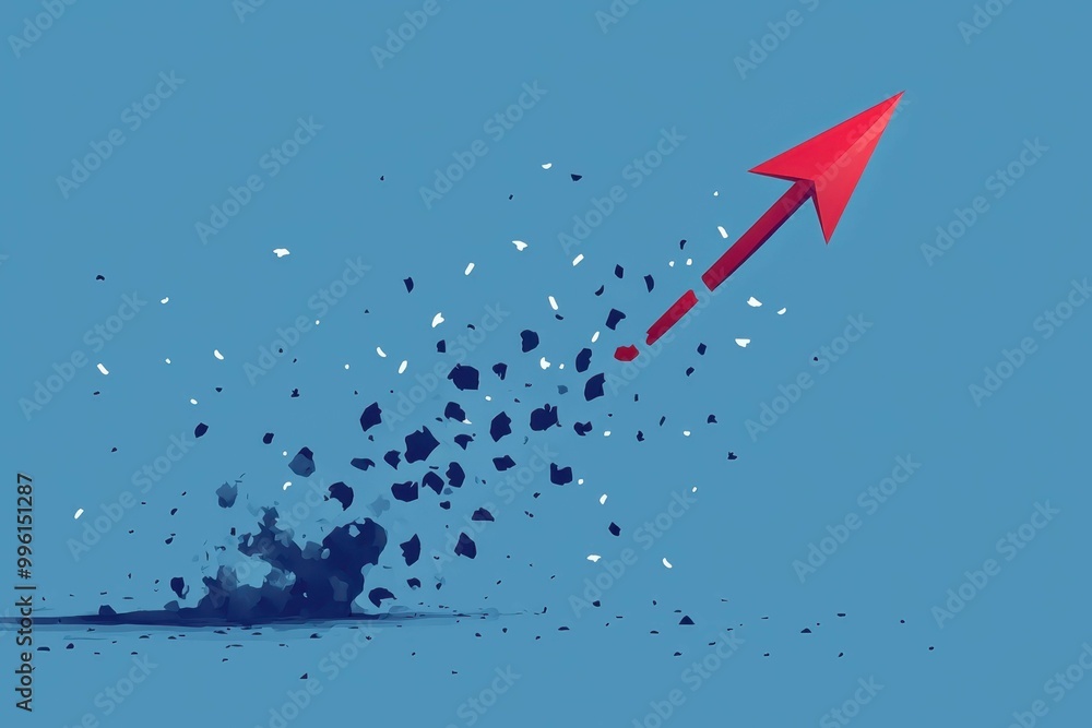 Poster minimalist a single red arrow pointing sharply upwards in a calm blue background symbolizing the ris