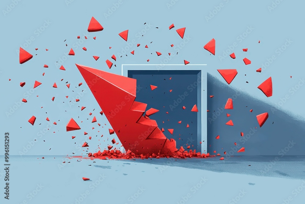 Poster minimalist a simple image of a red triangle breaking out from a square representing extremism breaki