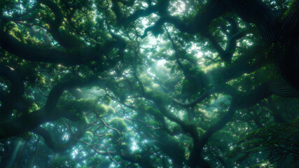 Sunlit enchanted forest canopy with twisting branches and lush green foliage