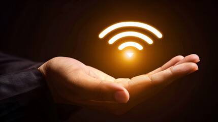 Glowing Wi-Fi symbol in hand depicting futuristic wireless technology and seamless internet connectivity solutions for a connected world and smart devices

