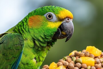 Vibrant green parrot eating a colorful assortment of fruits and seeds.