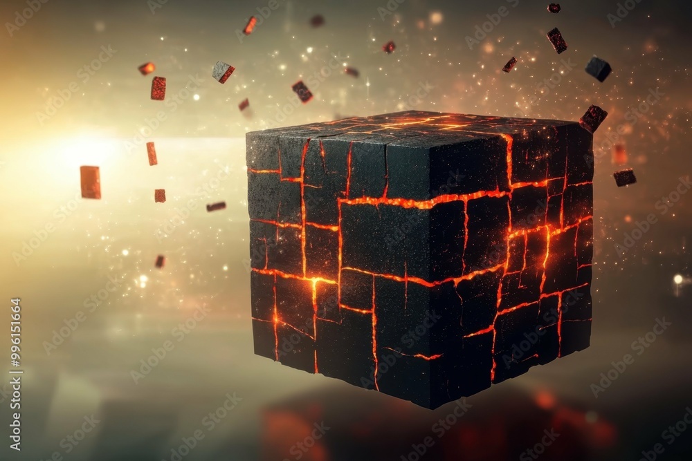 Poster fog mist light. lava glowing cube with cracks floating in foggy atmospheric background, futuristic t