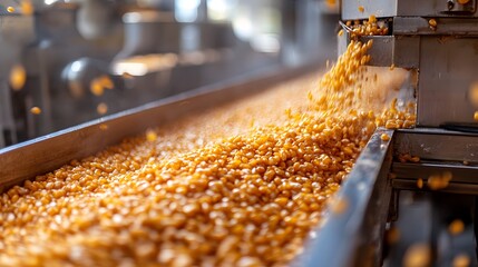 Industrial machines processing grains in food production facility

