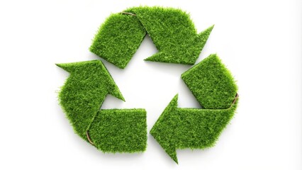 Green grass recycling symbol is laying on a white background