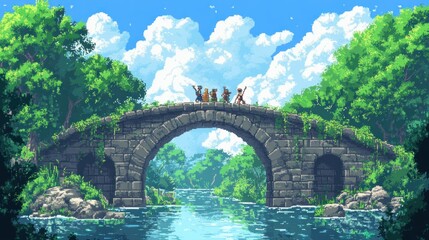 Fototapeta premium Pixelated Fantasy Landscape with Stone Bridge and Characters