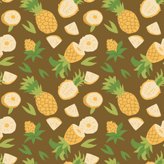 Hand drawn summer bright abstract fruit pattern with pineapple plant parts and sliced. Seamless pattern for textile, wrapping paper, posters. Fashion textures.