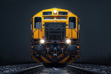 Photorealistic image of yellow and black locomotive, front view
