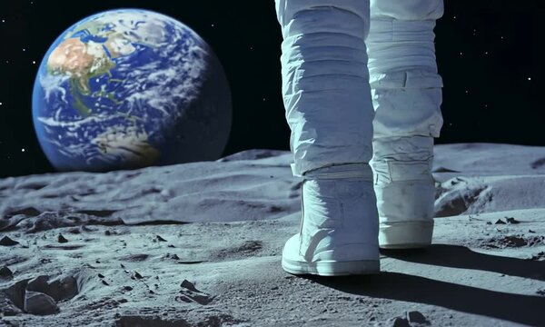 Astronaut walking on the moon with Earth in the background.