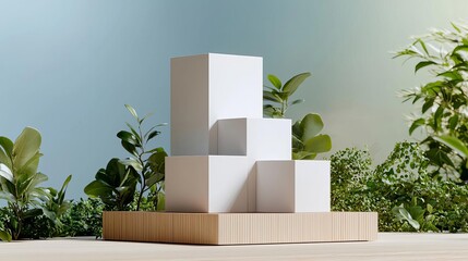Minimalistic arrangement of white geometric shapes on a wooden base surrounded by greenery for modern decor inspiration.