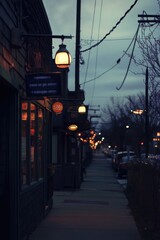 Fototapeta premium A dimly lit street with hanging lights and a quiet atmosphere in the evening.