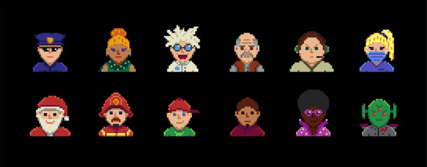 Avatar pixel characters, youth men and women, cartoon vector icons. Game user or web profile pixel avatars of persons and people for social net portrait, 8bit boy, young, girl, man and woman faces