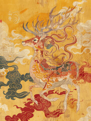 Fototapeta premium Dunhuang-Inspired Art: A Majestic Nine-Colored Deer Amidst Auspicious Clouds, Rich in China Red, Indigo, and Gold, with Ultra-Fine, High-Definition Delicacy
