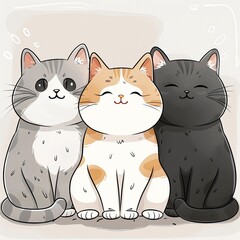 Obraz premium 3 super cute cartoon cats sitting next to each other with a little space in between with a white background, copy space with generatife ai