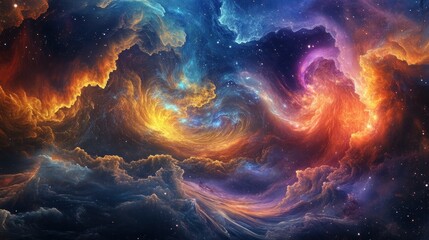 Cosmic Clouds and Swirling Nebulae in a Starry Night Sky