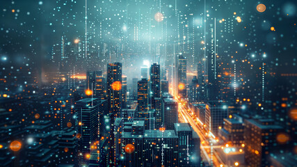 Obraz premium Futuristic smart city with illuminated skyscrapers and digital network overlay at night