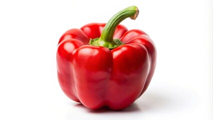 Single, ripe red bell pepper stands upright on a white background, its vibrant color and fresh appearance taking center stage