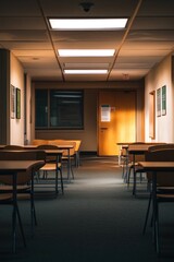 Fototapeta premium A quiet corridor with desks, leading to a door, illuminated by overhead lights.