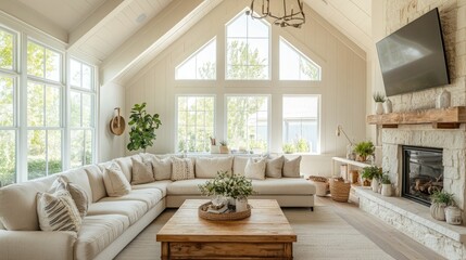 Fototapeta premium A bright and airy farmhouse living room with a vaulted ceiling