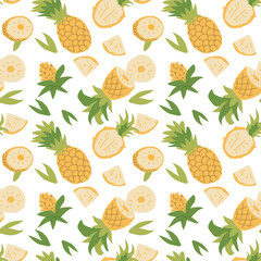 Hand drawn summer bright abstract fruit pattern with pineapple plant parts and sliced. Seamless pattern for textile, wrapping paper, posters. Fashion textures.
