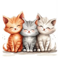 3 super cute cartoon cats sitting next to each other with a little space in between with a white background, copy space with generatife ai