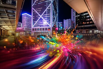 Night cityscape with colorful paint splatters and glowing light trails, Hong Kong.