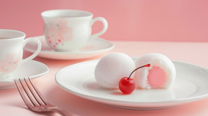 Picture of cherry blossom mochi ice cream on a white plate