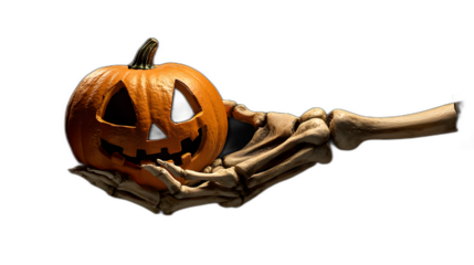 A skeleton hand holding a jack-o-lantern placed against a solid black background