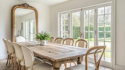 A bright and airy farmhouse dining room with a large reclaimed wood table