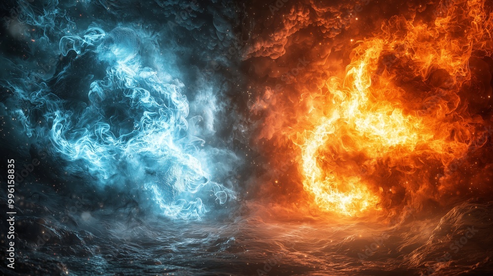 Poster clash of fire and ice elements in dynamic visual scene