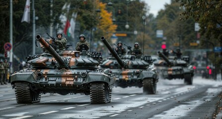 A large row of military tanks is driving down a busy city street