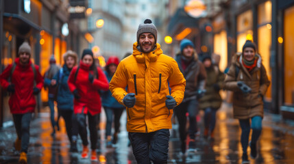 Fototapeta premium Smiling Young Man in Yellow Jacket Jogging With Friends on City Street