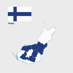 An illustration of Finland's flag, featuring its blue cross on a white field, is overlaid with the country's map, subtly highlighting key cities and natural landmarks.