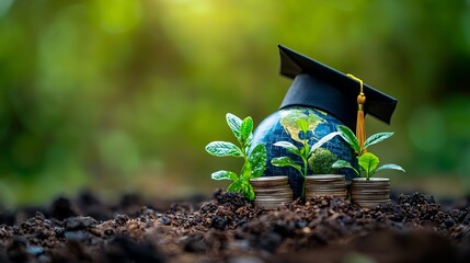Graduation cap on a small globe with growing plants and coins symbolizing education and sustainability