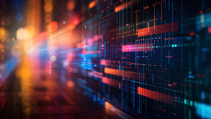 Abstract futuristic cityscape with colorful light trails and digital matrix patterns