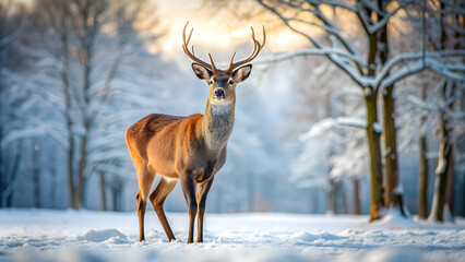 Deer standing gracefully in the snow with trees in the background, deer, wildlife, animal, winter, snow, trees