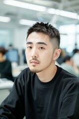 Young Asian Man with Black Shirt in Modern Office Environment